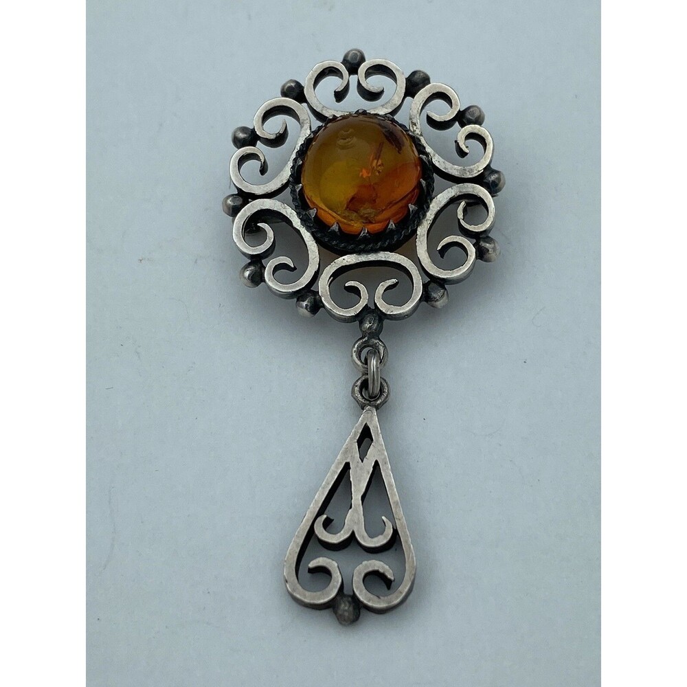 Vintage Sterling Silver Baroque Style Amber Brooch With Dangle
